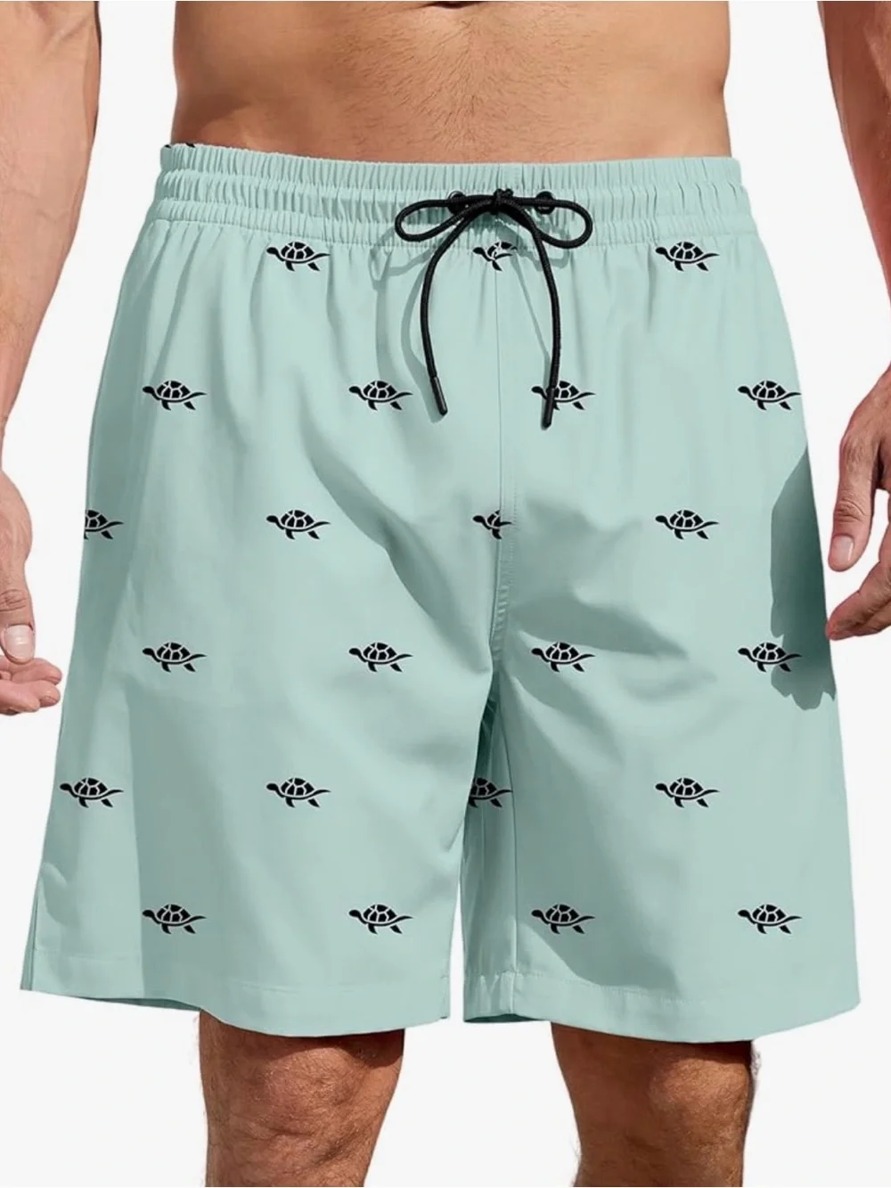 Men's Light Aqua Turtle Print Hawaiian Mesh Lining Swim Suit with Pockets